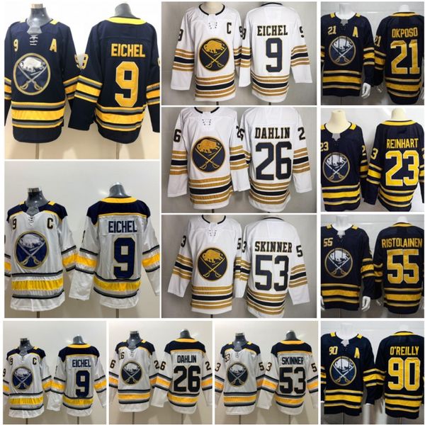 

Buffalo Sabres 9 Jack Eichel Jersey Ice Hockey 26 Rasmus Dahlin 53 Jeff Skinner 50TH Anniversary Navy Blue White Men Women Kids Man