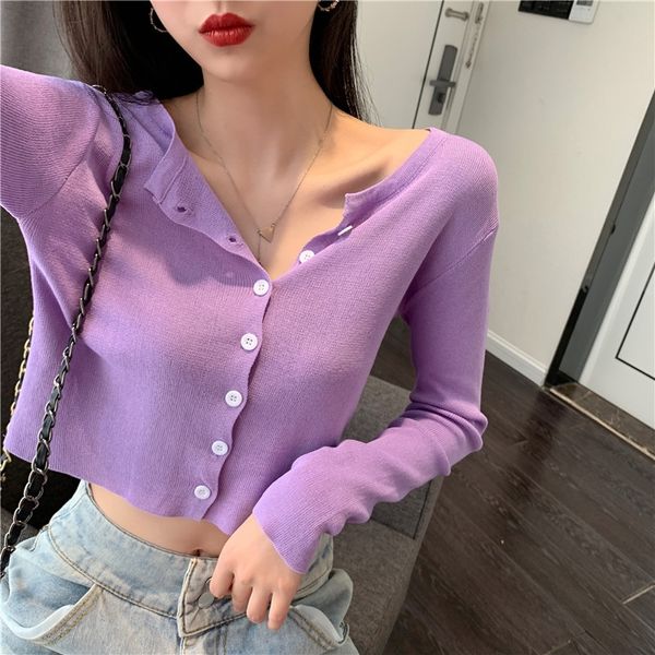 

2020 decoration thin long-sleeved purple all-match short cardigan women's clothing 2020 decoration thin long-sleeved sweater purple all, White