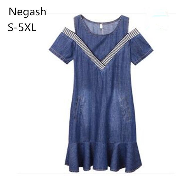 

off shoulder summer 5xl plus size jeans denim dress vestidos women casual slim girls denim dress 2018 knee-length dresses, Black;gray