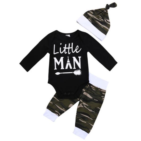 

little man newborn baby boy long sleeve bodysuit camo pants trousers hat casual spring autumn outfits clothes set 0-18m, White