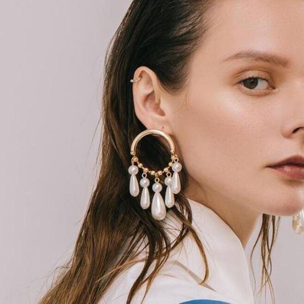 

women big circle tassel faux pearl statement stud earrings jewelry, Silver