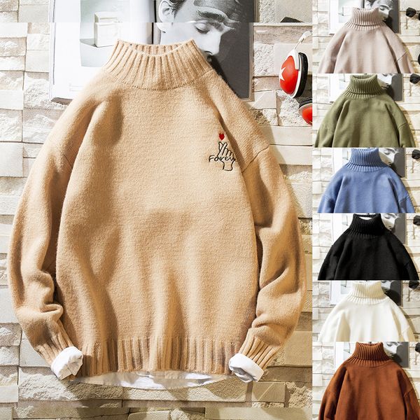 

2019 autumn new men's turtleneck sweaters pullover male solid color turtleneck sweater knitted pullovers, White;black