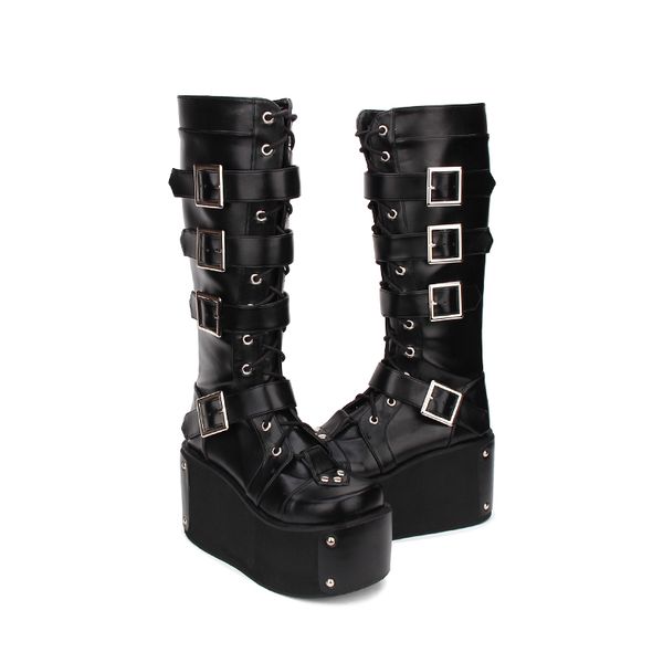 

angelic imprint high heel platform shoes new fashion punk lolita style knee high winter boots for women size 35-46 9708, Black
