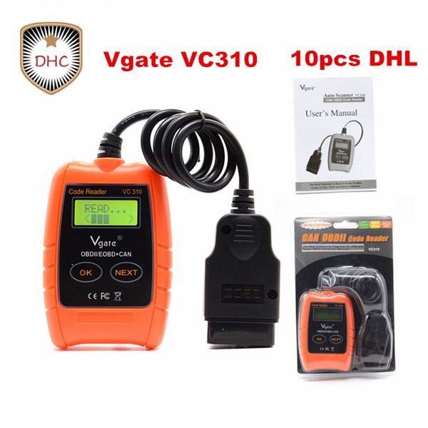 

10pcs dhl vgate vc310 universal obd2 obdii eobd can auto scanner code reader & cleaner car diagnostic tool