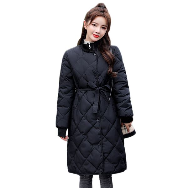

long cotton coat women 2020 winter new korean fashion black beige stand collar slim thick warmth jacket with belt feminina lr871