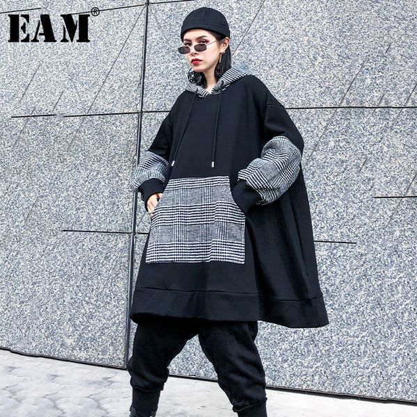 

eam] loose fit black plaid oversized pocket sweatshirt new hooded long sleeve women big size fashion autumn winter 2019 1k338