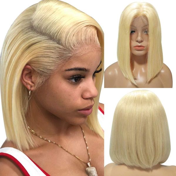 

blonde 613 bob lace front wigs human hair gluless silky straight 13x4 ombre colored green gray blue for women 130% density remy, Black;brown