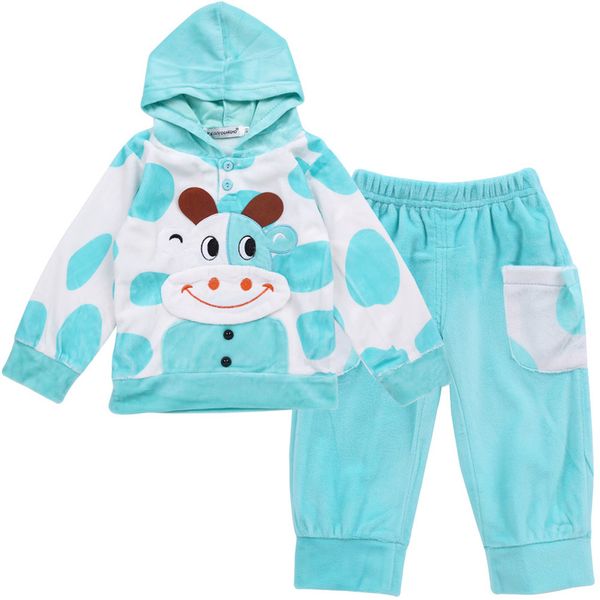 

brand new 2019 autumn baby boy clothes kids cute cow clothes boy hooded long-sleeved set children girl's velvet infant costume, White