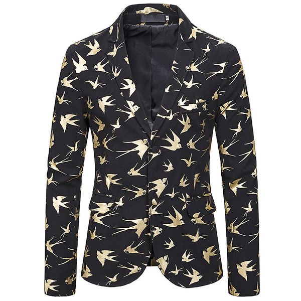 

men's dress gold bird print party suit jacket notched lapel slim fit two button stylish blazer men wedding stage costumes, White;black