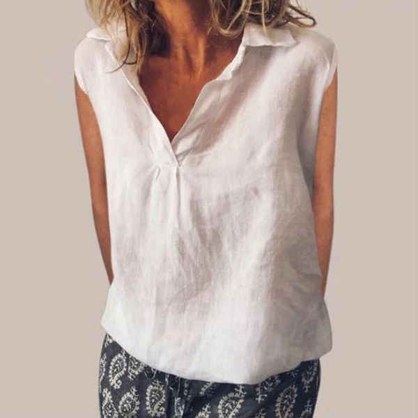 

women cotton and linen loose button sleeveless fashion linen daily solid daily casual blouse blusas mujer de moda 2019, White