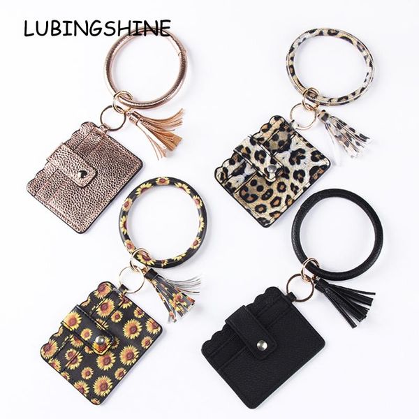 

charm bracelets vintage keychain bracelet wristlet bangle key card holder large round keyring leather tassel for women girls with wallet, Golden;silver