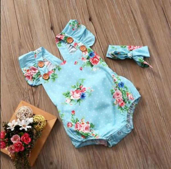 

newborn baby girls floral sun one-pieces rompersuit headband clothes set 0-24m fragmented flower printing clothes + headscarf, Blue