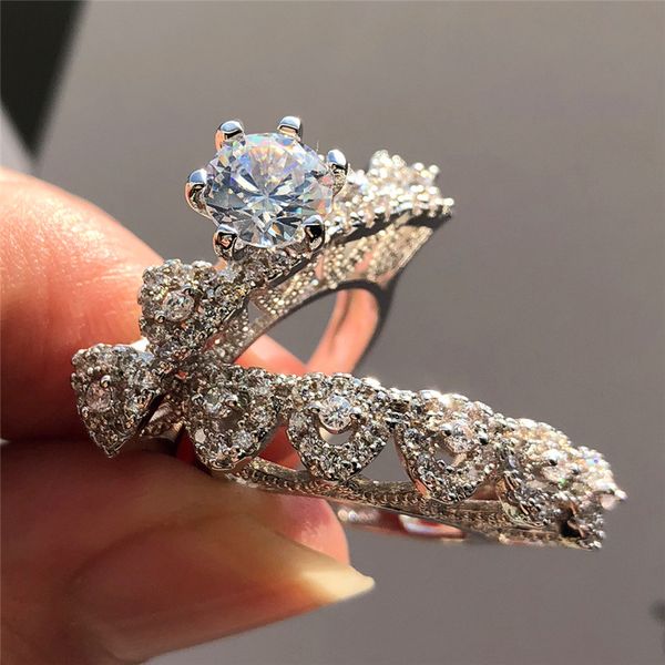 

female white crystal heart ring set promise 925 silver color engagement ring vintage round zircon wedding rings for women, Slivery;golden