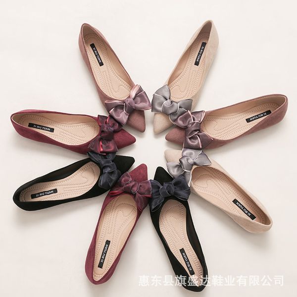 

soft bottomed single shoes ladies mesh bowknot ballerina flats suede leather shoes woman spring large size 40/42 roll-up ballets, Black