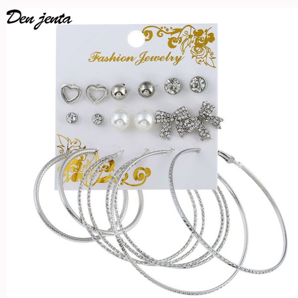 

fashion 9 pairs/lot punk stud earrings set for women girls elegant mixed crystal bow tie big circle earrings wedding jewelry, Golden;silver