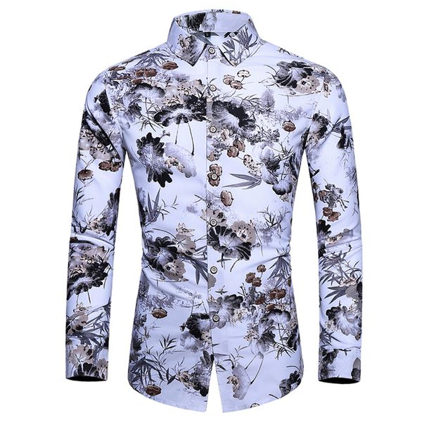 

hemiks plus size 7xl floral print men casual shirts lapel long sleeves business slim male blouse single breasted camisas hombre, White;black