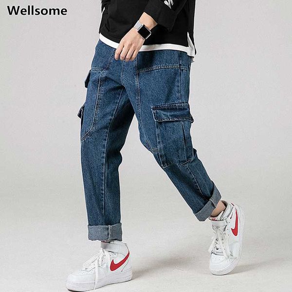 

fashion baggy pants loose long mens denim jeans big pockets men's jeans middle waist casual trousers men casual hommes, Blue