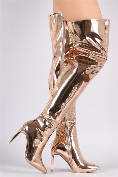 Heißer Verkauf - 2017 Neueste Kim Kardashian Stilettos Silber Gold Spiegel Leder Metallic Overknee Damen Stiefel Mode Oberschenkelhohe Stiefeletten