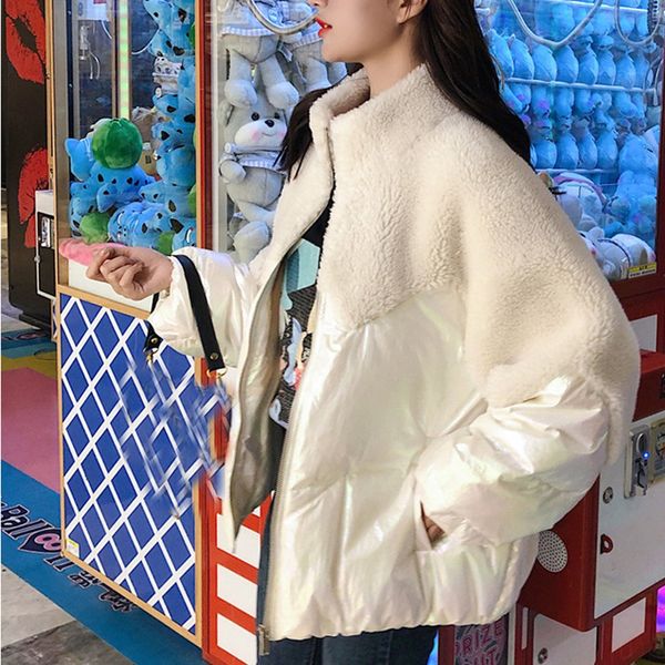 

womail lamb imitation women coat splicing jacket coat warm long sleeves overcoat brief pure color women jacket, Black