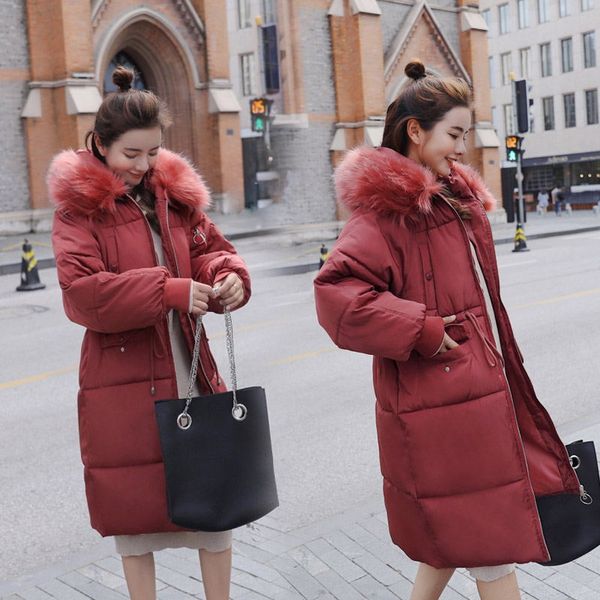 

wholesale-solid fur hooded thicken zipper long down coats women casual long sleeve lace up warm, Blue;black