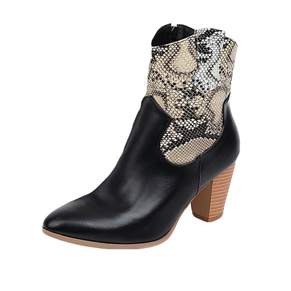 

fashion ladies snake grain winter boots vintage pointed toe zipper boots square root heels patchwork women ankle, Black