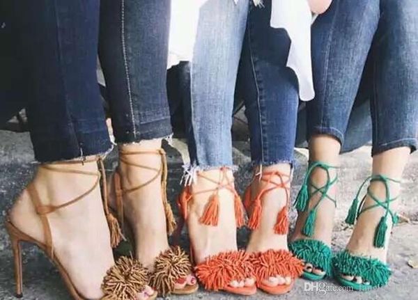 

2016 women&#039s brand fashion wild thing suede leather high heels sandals.tassel strap high heel tassel sandals party pumps, Black
