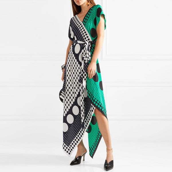 

menkay] 2019 summer dots print asymmetry bandage waisted wrapped v neck maxi dress women sleeveless new korean fashion clothing, Black;gray