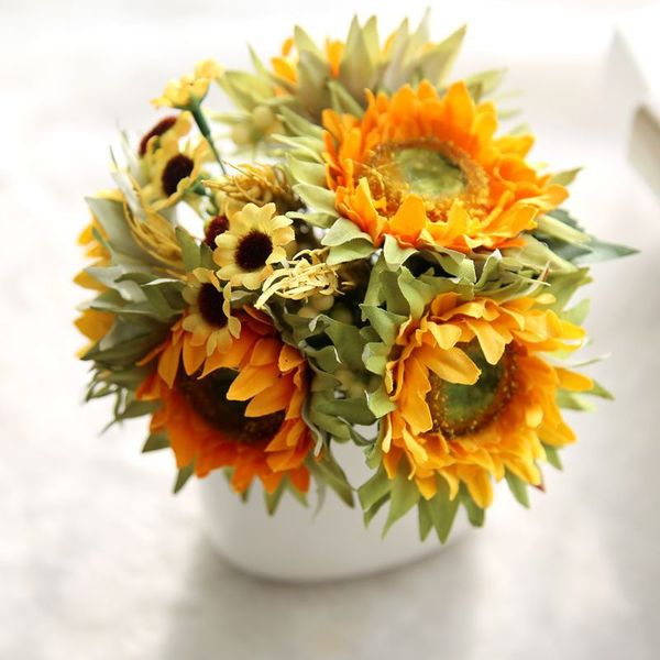 

autumn decoration 5 heads yellow sunflower silk artificial flowers bouquet for home decoration office party garden decor