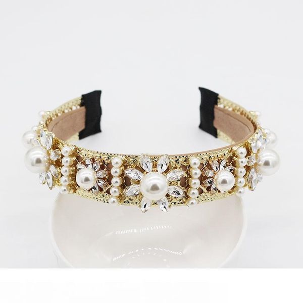 

european and american baroque pearl flower geometric headband dance party retro court fashion fashion show hair accessories 992 mx190817, Golden;white
