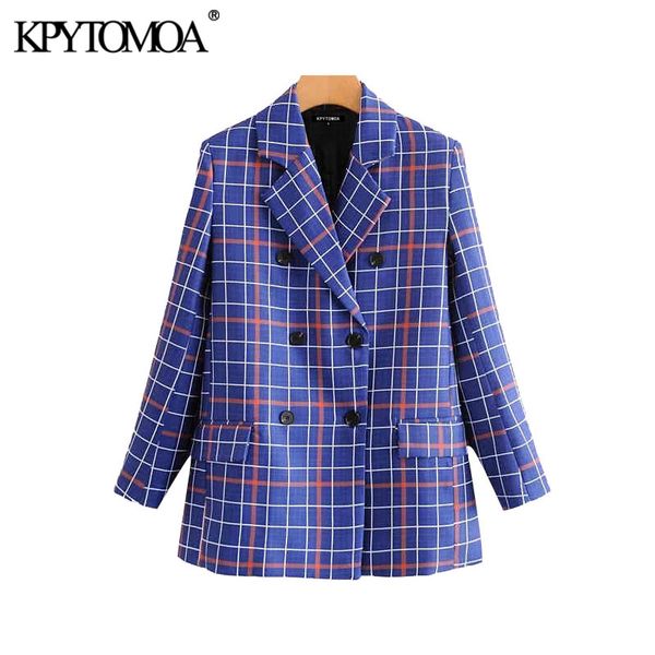 

vintage stylish double breasted plaid blazer coat women 2020 fashion long sleeve pockets office wear female outerwear chic, White;black