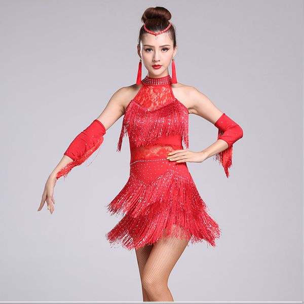 

adult/children tassel latin dance dress women girls/lady cha cha/rumba/samba/tango/ballroom dance skirt latin performance wear, Black;red