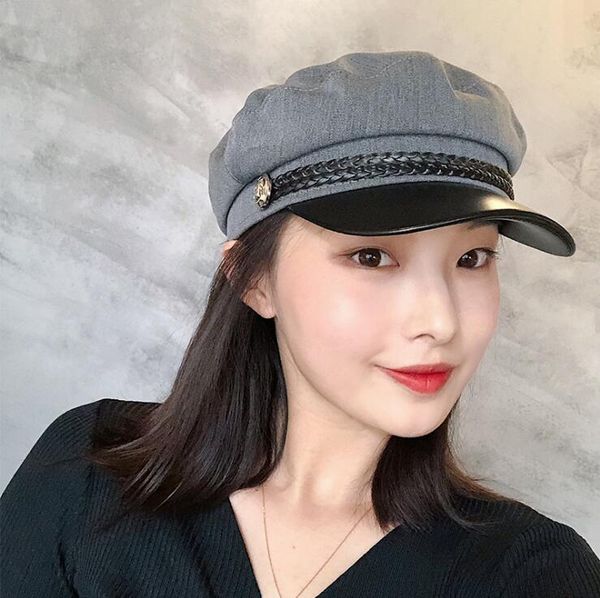 

fashion pu leather hat autumn winter wool sailor hat for women men black flat female travel cadet captain cap, Blue;gray