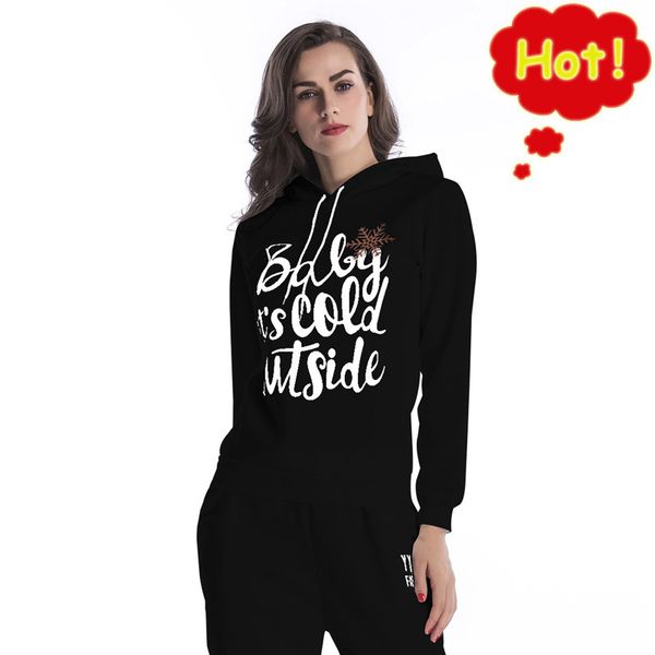 

women hoodies loose pullover solid christmas snowflake letter printing sweatshirt 2019 autumn coat thicken long sleeve g3p7, Black