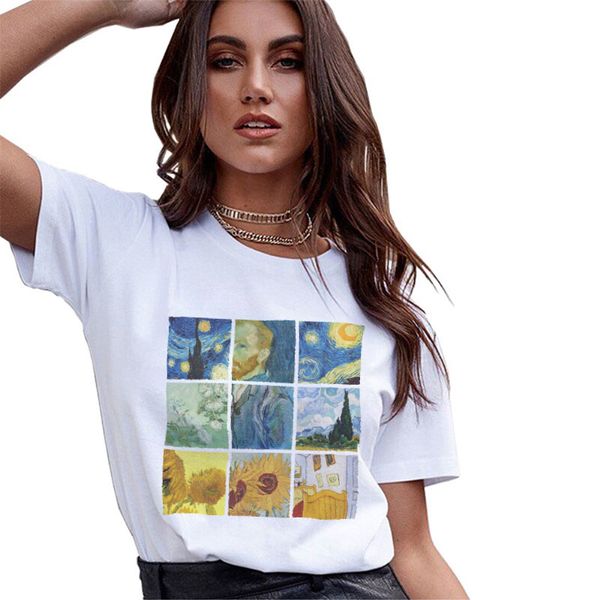 

tee shirt femme женщины топы лето женщины футболка ван гог картина печати harajuku tshirt вокруг шеи белый тис рубашка одежда женская, White
