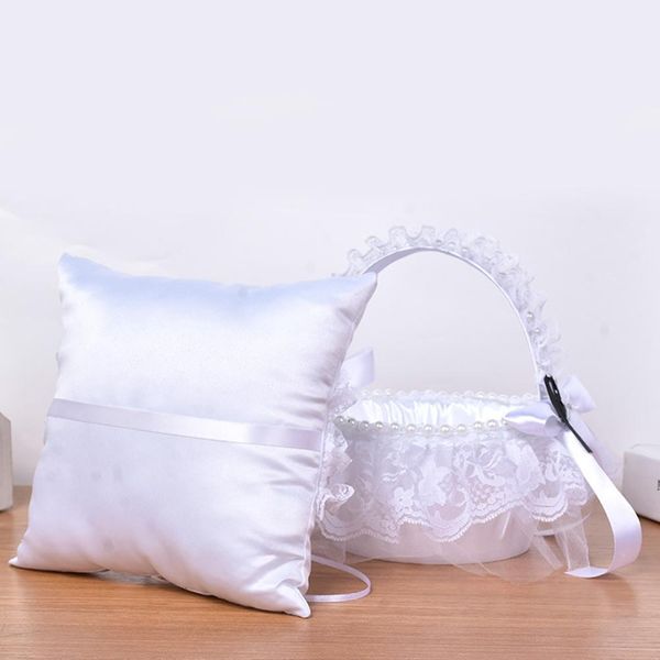 

wedding ring cushion pillow flower basket set white for wedding ceremony