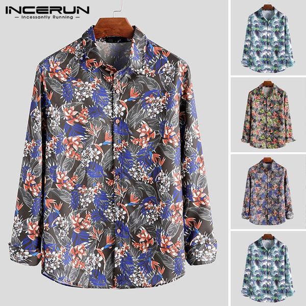 

incerun men floral print hawaiian shirt casual long sleeve fashion vacation chic button lapel dress shirts men camisa masculina, White;black