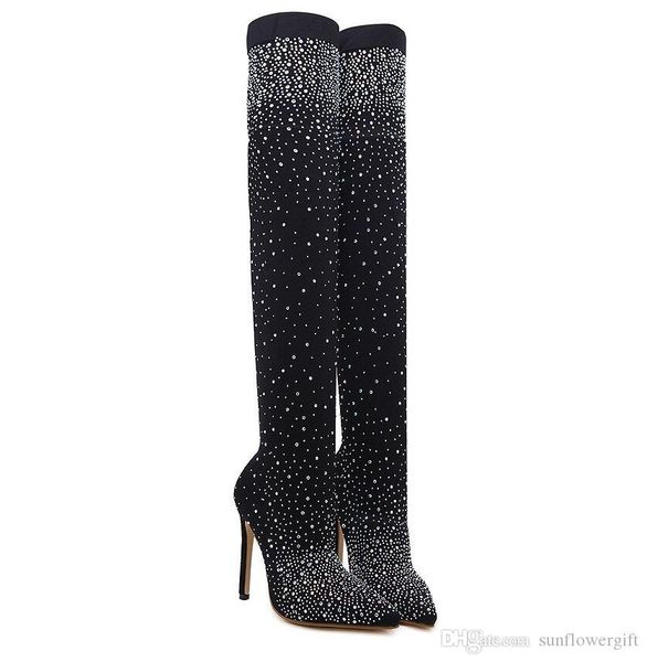 

new rhinestone high heel women's boots elastic cloth over the knee boots high-heeled women boots, Black