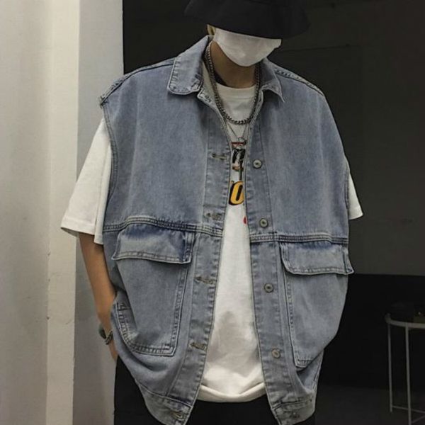 

2019 autumn men's fashion trend work clothes pocket cowboy vest loose coat sleeveless male jacket denim vests m-xl, Black;white