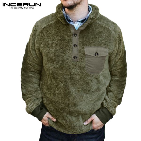 

incerun winter men sweatshirt casual long sleeve button faux fleece fluffy pullovers stand collar men hoodies streetwear s-5xl 7, Black