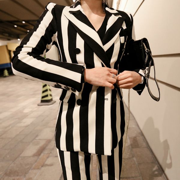 

vintage pant suits striped bouble breasted women blazer jacket and slim pencil pant 2 pieces sets female suit 2018, White;black