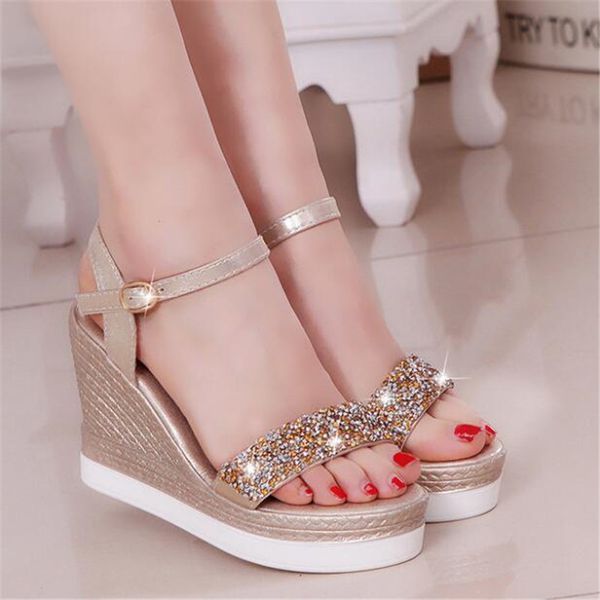 

summer women's sandals sponge cake thick-soled wedge sandals women fashion fish mouth sequin rhinestone women shoes, Black