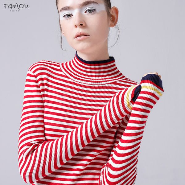 

2019 Spring Turtleneck Sweaters Color Women Slim Striped Pullover Long Sleeve Sweater Casual Long Sleeve Pull Femme