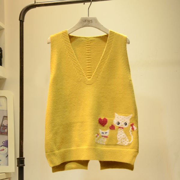 

women's sweaters cartoon cat sweater vest v neck pullover sleeveless knit, White;black