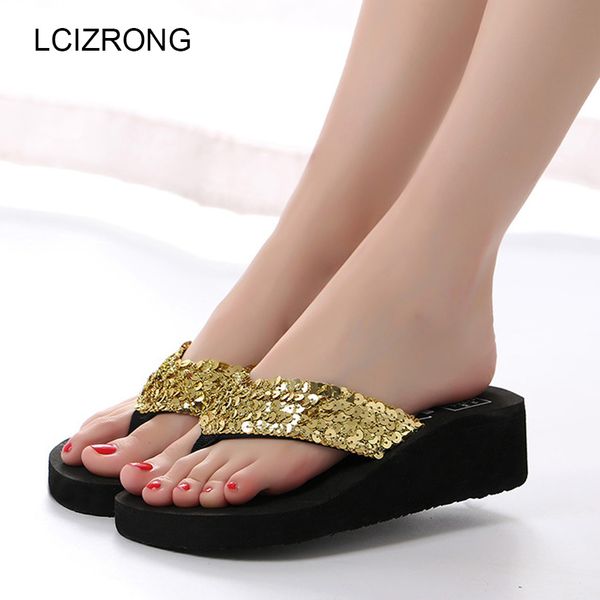 

lcizrong 2018 summer bling women platform flip flops wedge slippers beach high heel party home slippers female indoor shoes, Black
