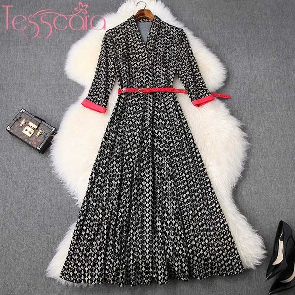 

tesscara women runway designer elegant v-neck dress vintage a-line party robe femme ladies long cocktail vestidos, Black;gray