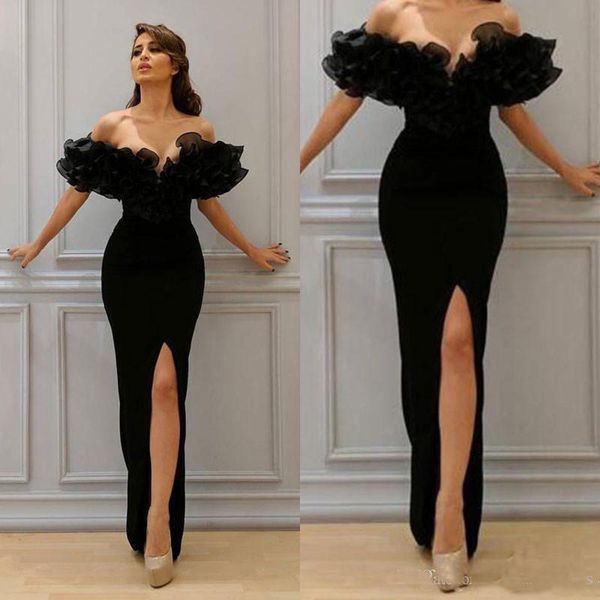 

Sexy Black Sheath Split Evening Dresses 2019 Newest Cheap Off Shoulder Ruffled Evening Gowns Custom Made Sleeveless Party Dress