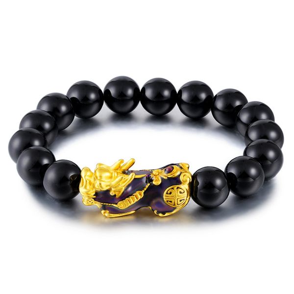 

natural obsidian gold plated temperature color changing pixiu bracelets natural black agate alluvial gold pixiu bracelets, Silver