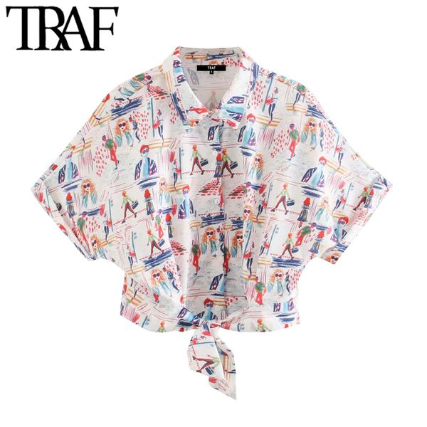

traf women fashion printed cropped blouses vintage lapel collar short sleeve bow tied female shirts blusas chic, White