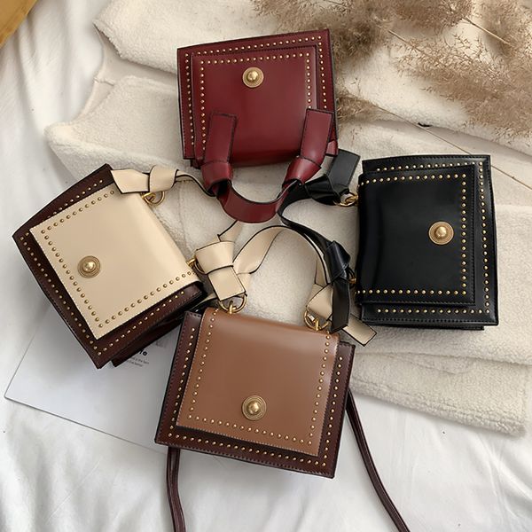 

women studded versatile messenger bag cortex leather bagtexture one shoulder fashion bucket bag dames tassen#35