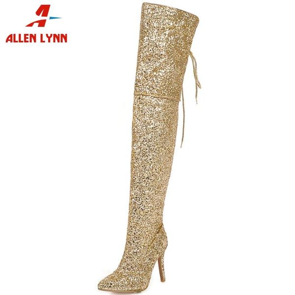 

allen ins brand ladies high heel shoes woman pointed toe thigh high boots women shining glitters over-the-knee boots, Black